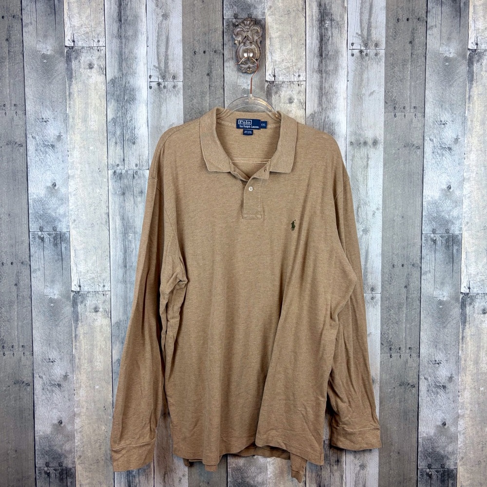 Ralph Lauren Classic Fit Mesh Polo Shirt Long Sleeve in Tan Size XXL.